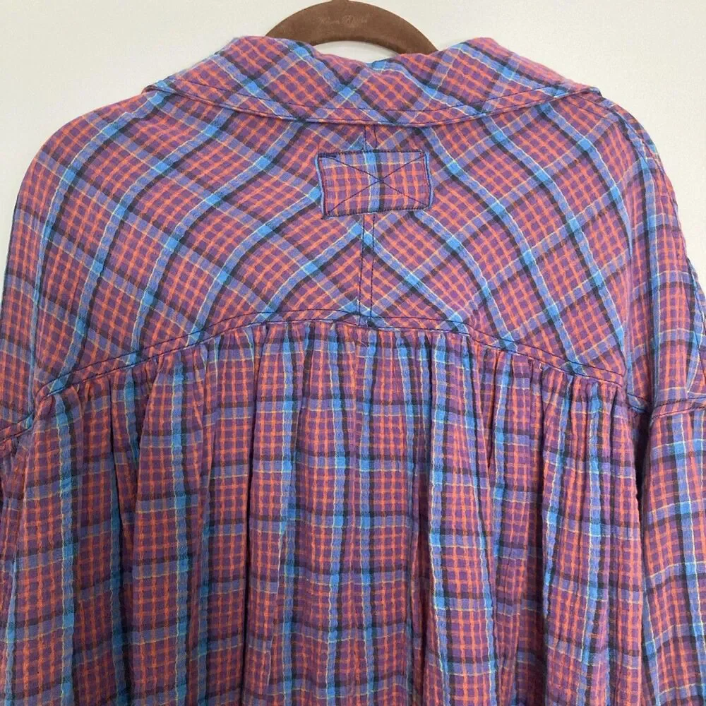 New Free People Oversized Bohemian Grunge Cardiff Plaid Swing Top Shirt Small